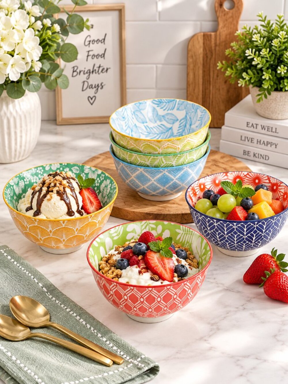 AHX Dessert Bowls Set of 6 Ceramic Mixed Pattern 10 oz Bowls 4.75" NIB